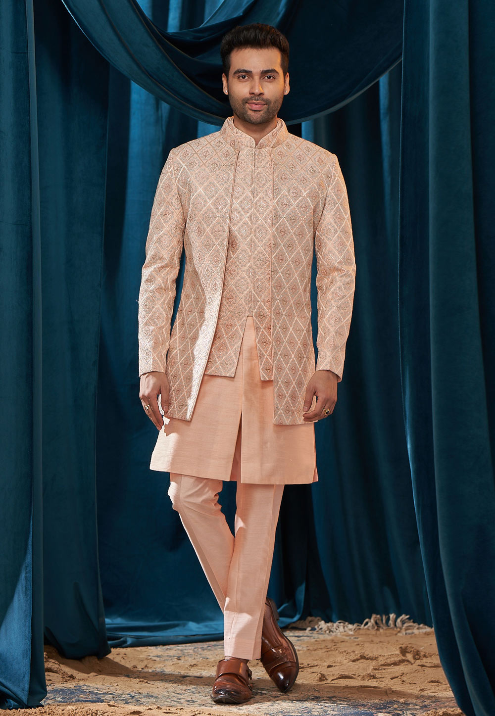 Peach Silk Jacket Style Sherwani 262400