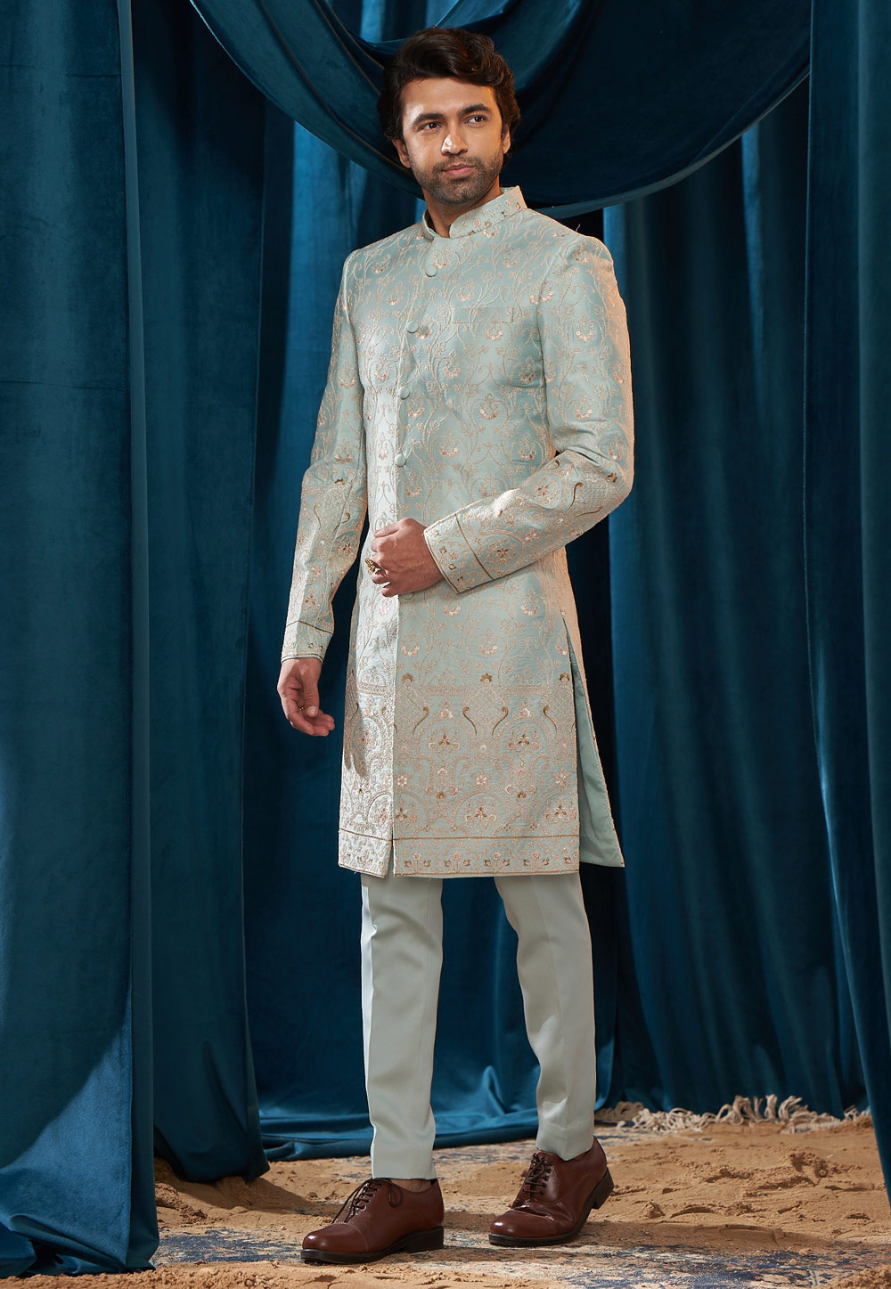 Sky Blue Satin Achkan Style Sherwani 262401