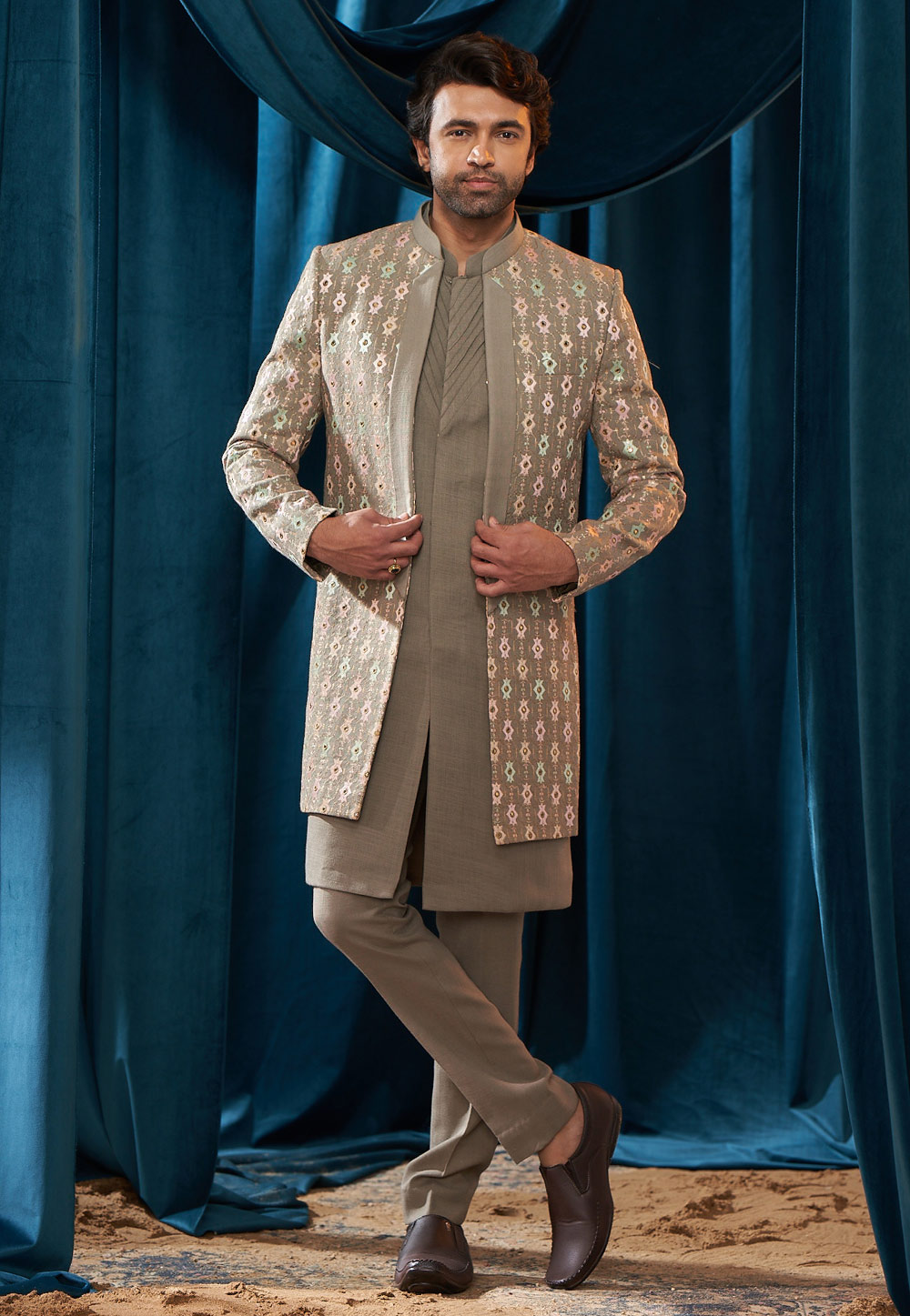 Grey Linen Jacket Style Sherwani 262403