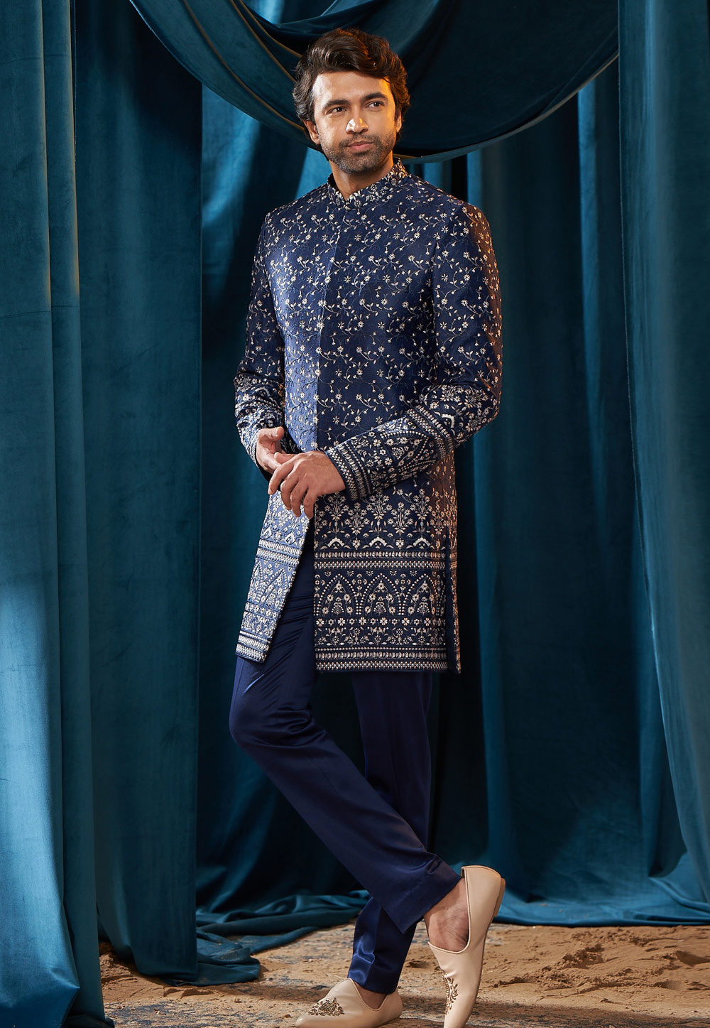 Navy Blue Satin Achkan Style Sherwani 262405
