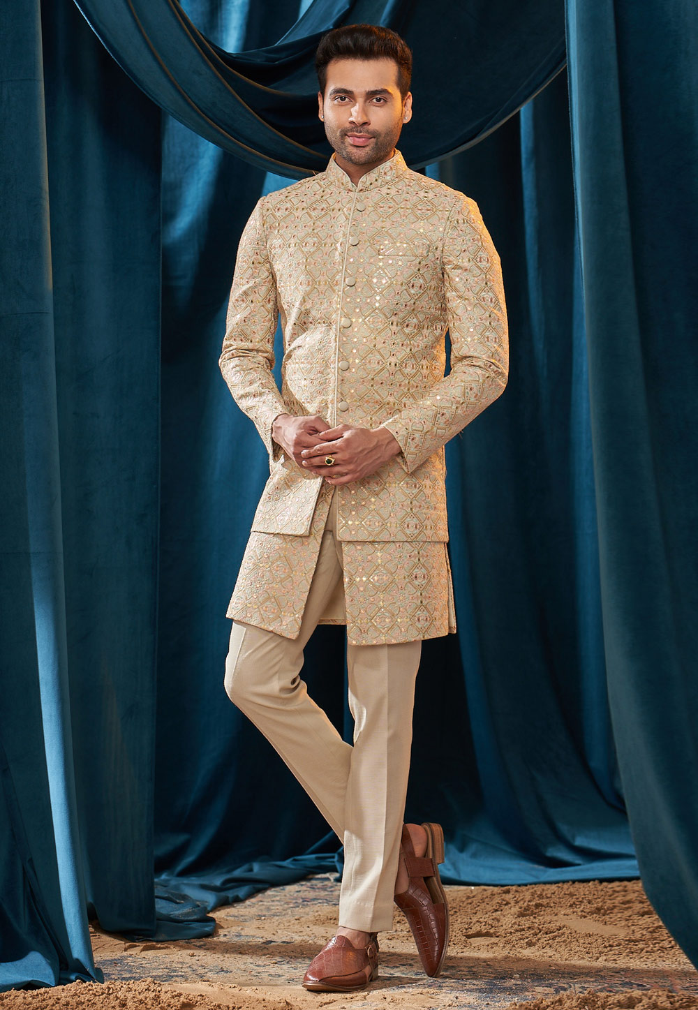 Beige Linen Jacket Style Sherwani 262407