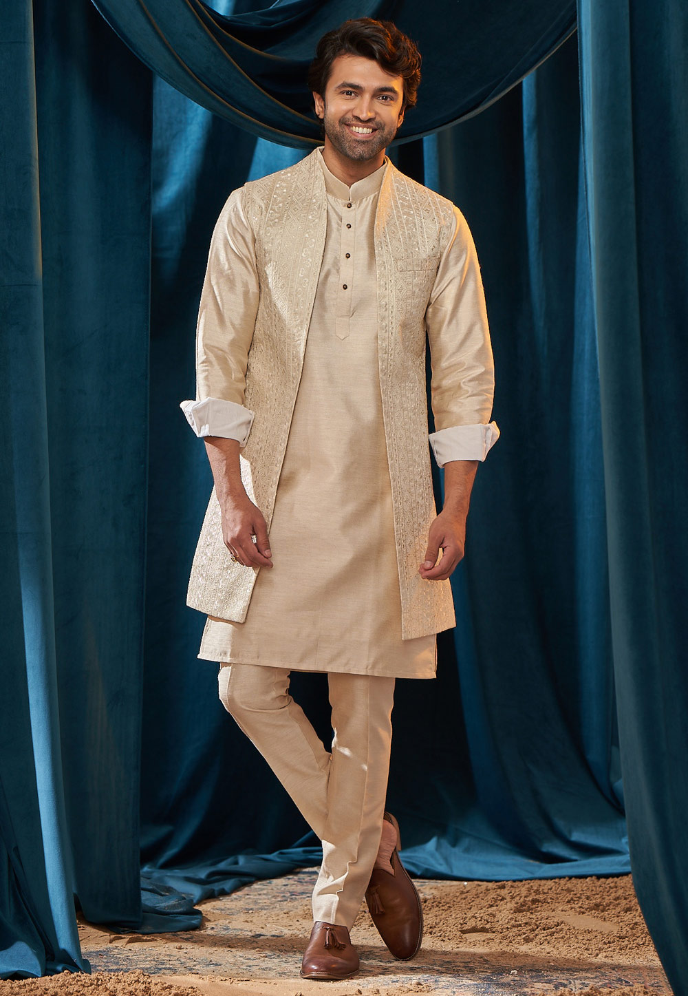 Beige Silk Jacket Style Sherwani 262408