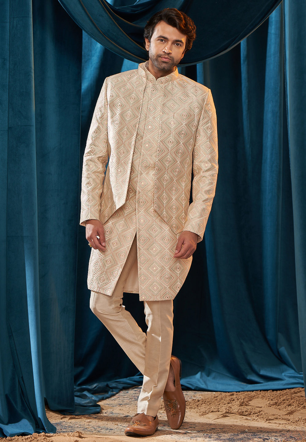 Cream Silk Jacket Style Sherwani 262409
