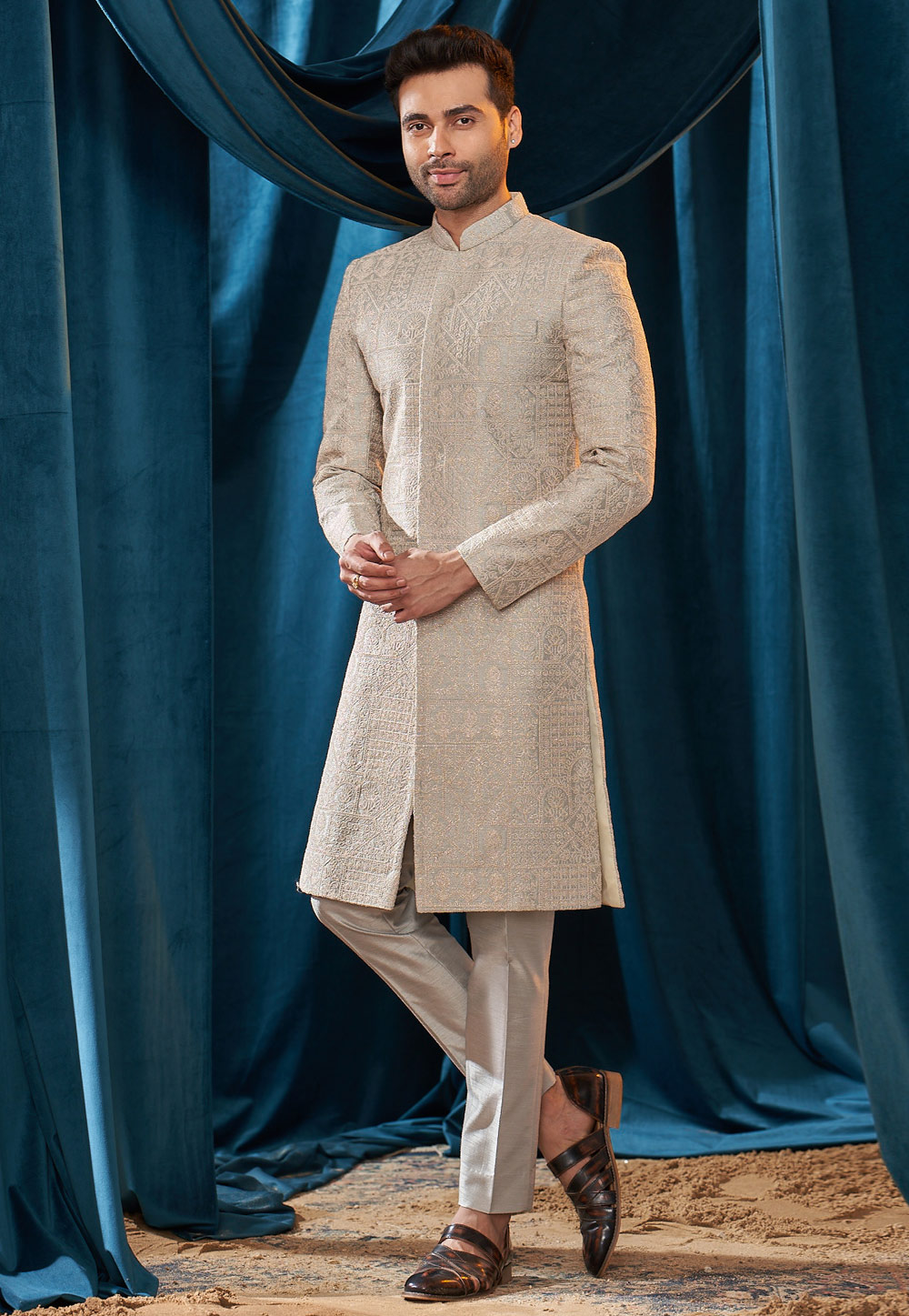 Grey Silk Achkan Style Sherwani 262410