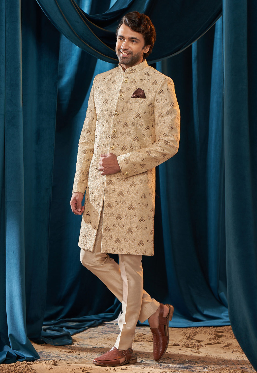 Cream Silk Achkan Style Sherwani 262411