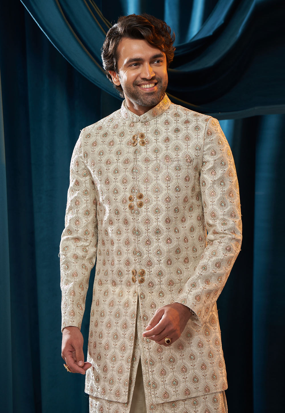 Off White Silk Jacket Style Sherwani 262413