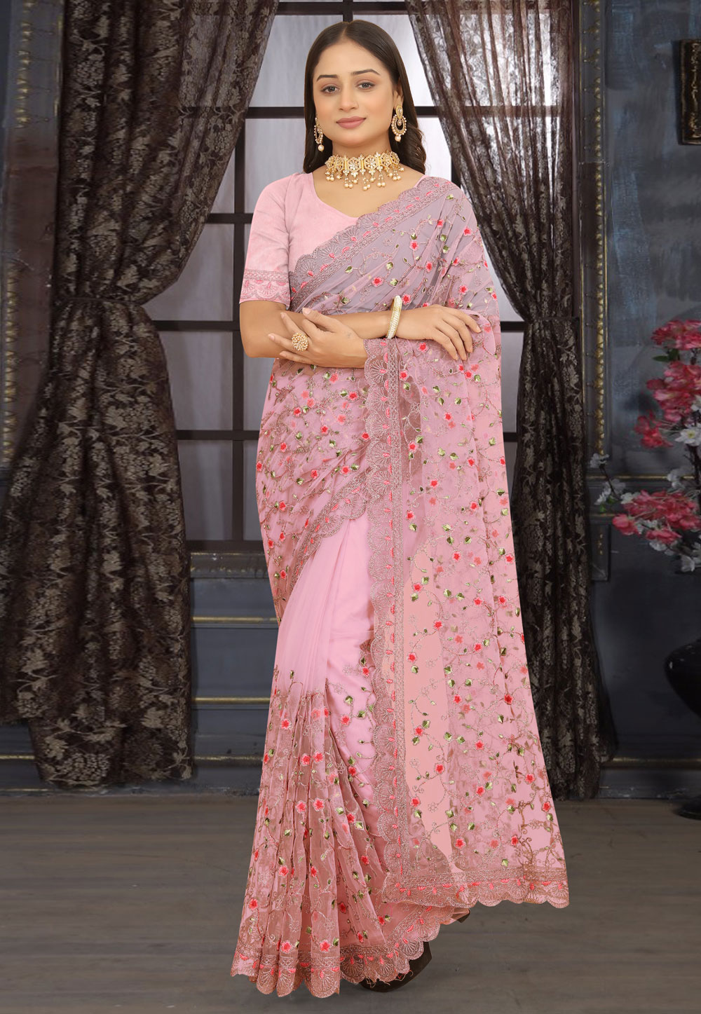 Pink Net Saree With Blouse 273379