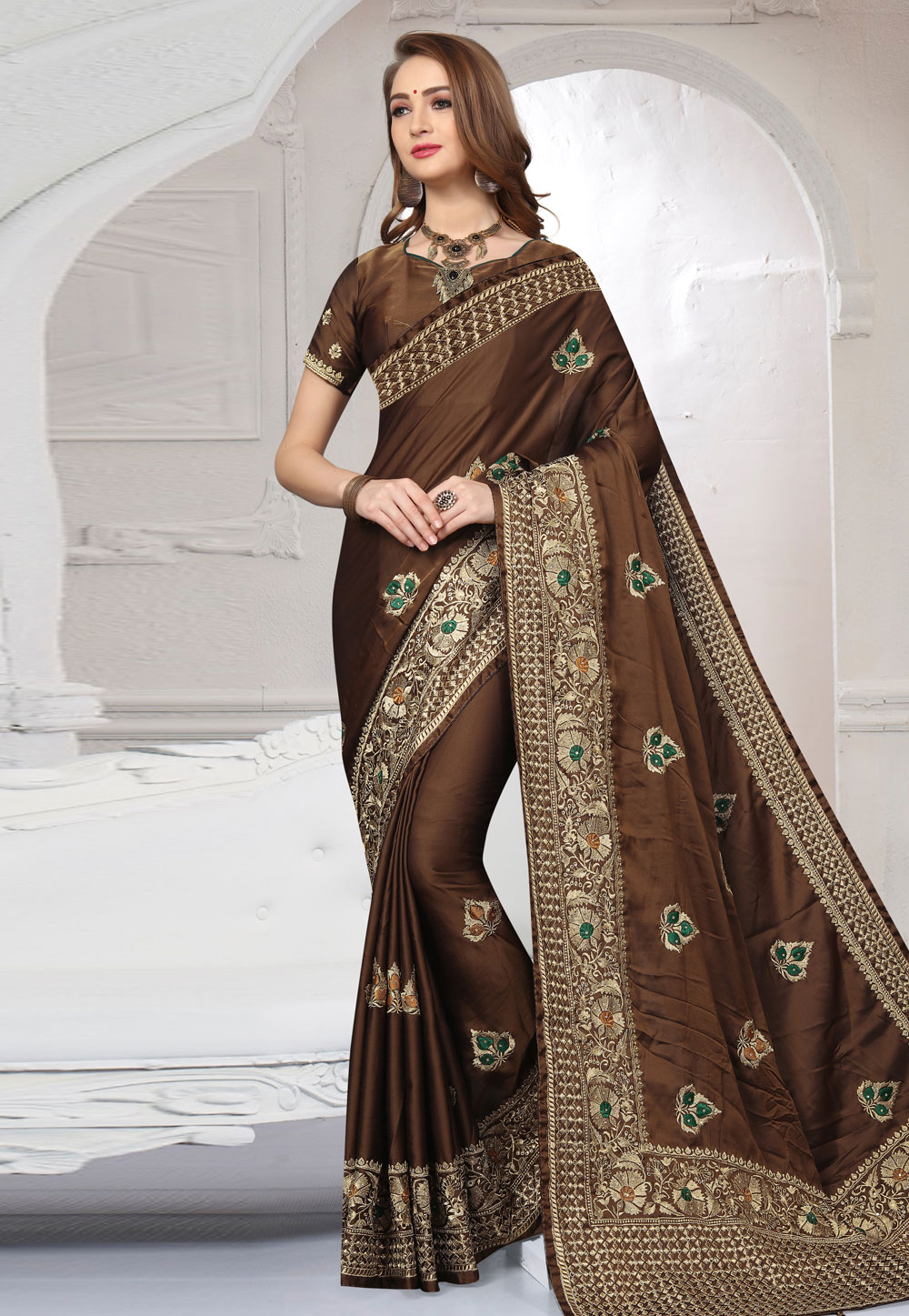 Brown Silk Embroidered Festival Wear Saree 166357