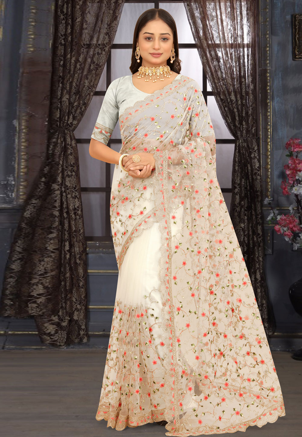 Off White Net Saree With Blouse 273380