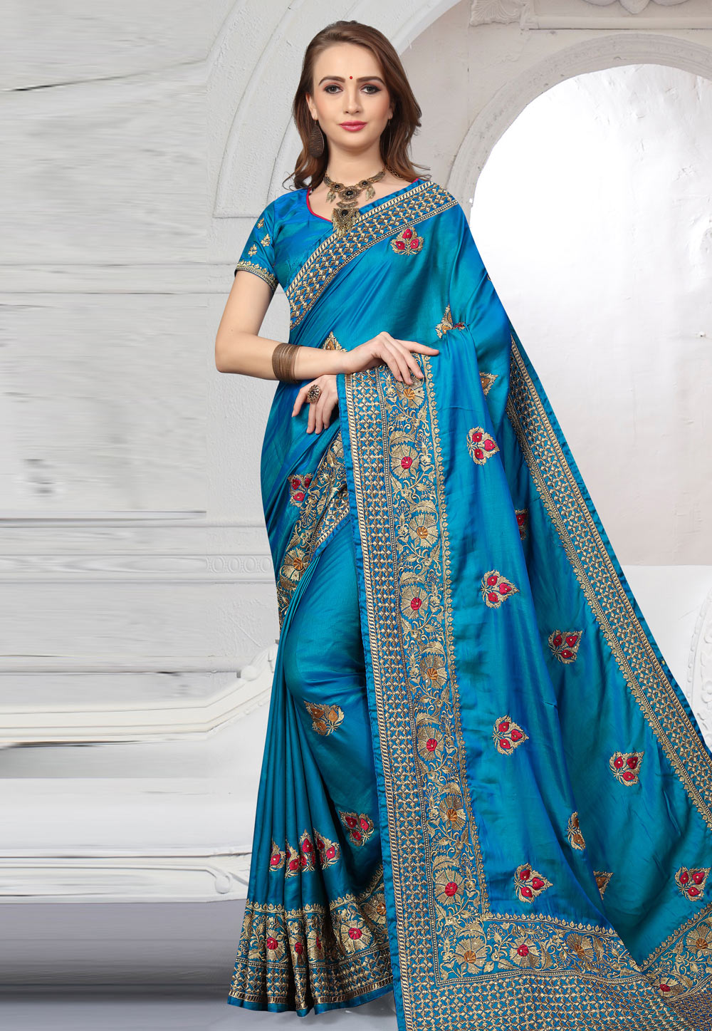 Blue Silk Embroidered Saree With Blouse 166358