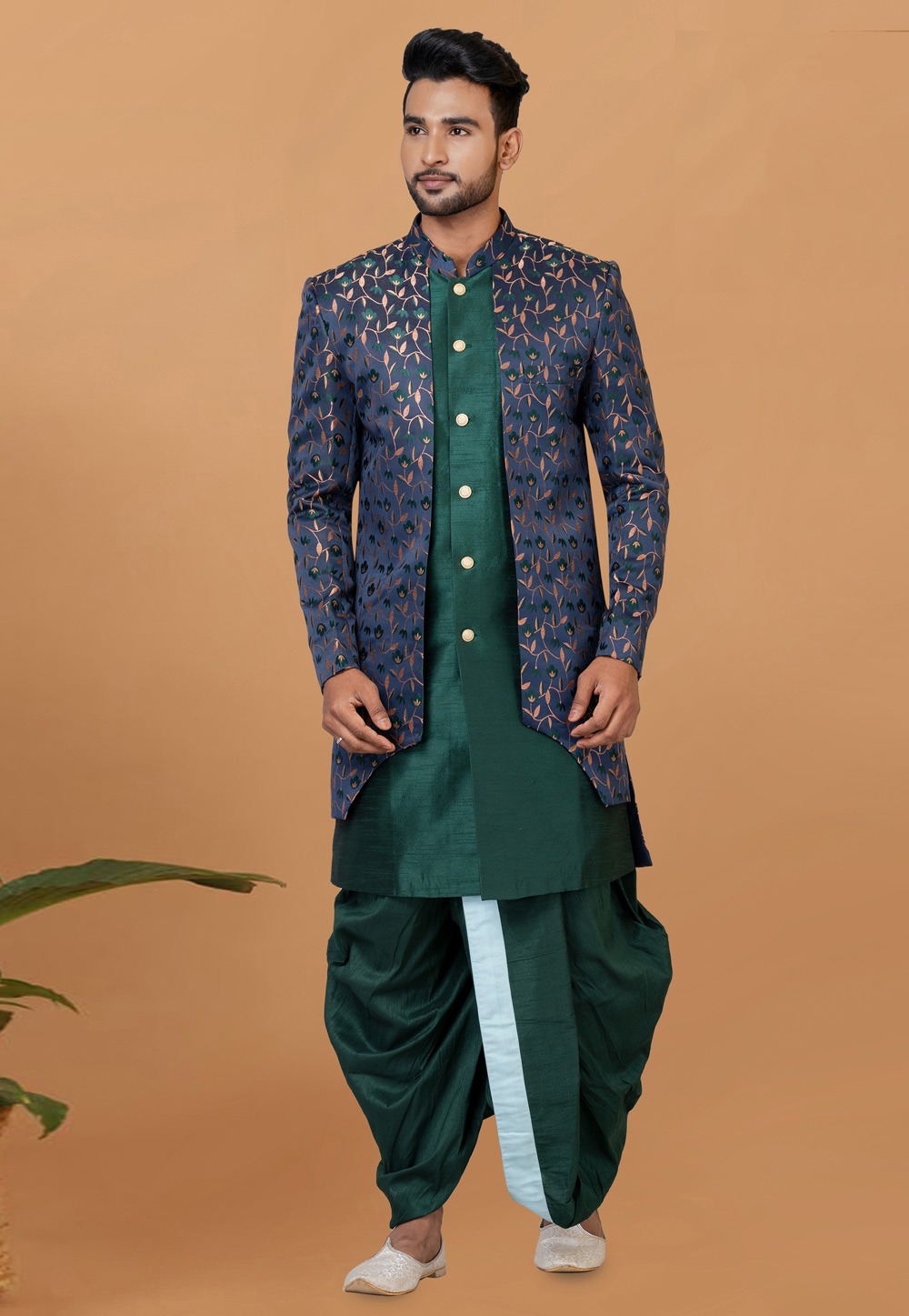 Green Jacquard Silk Dhoti Sherwani 273086
