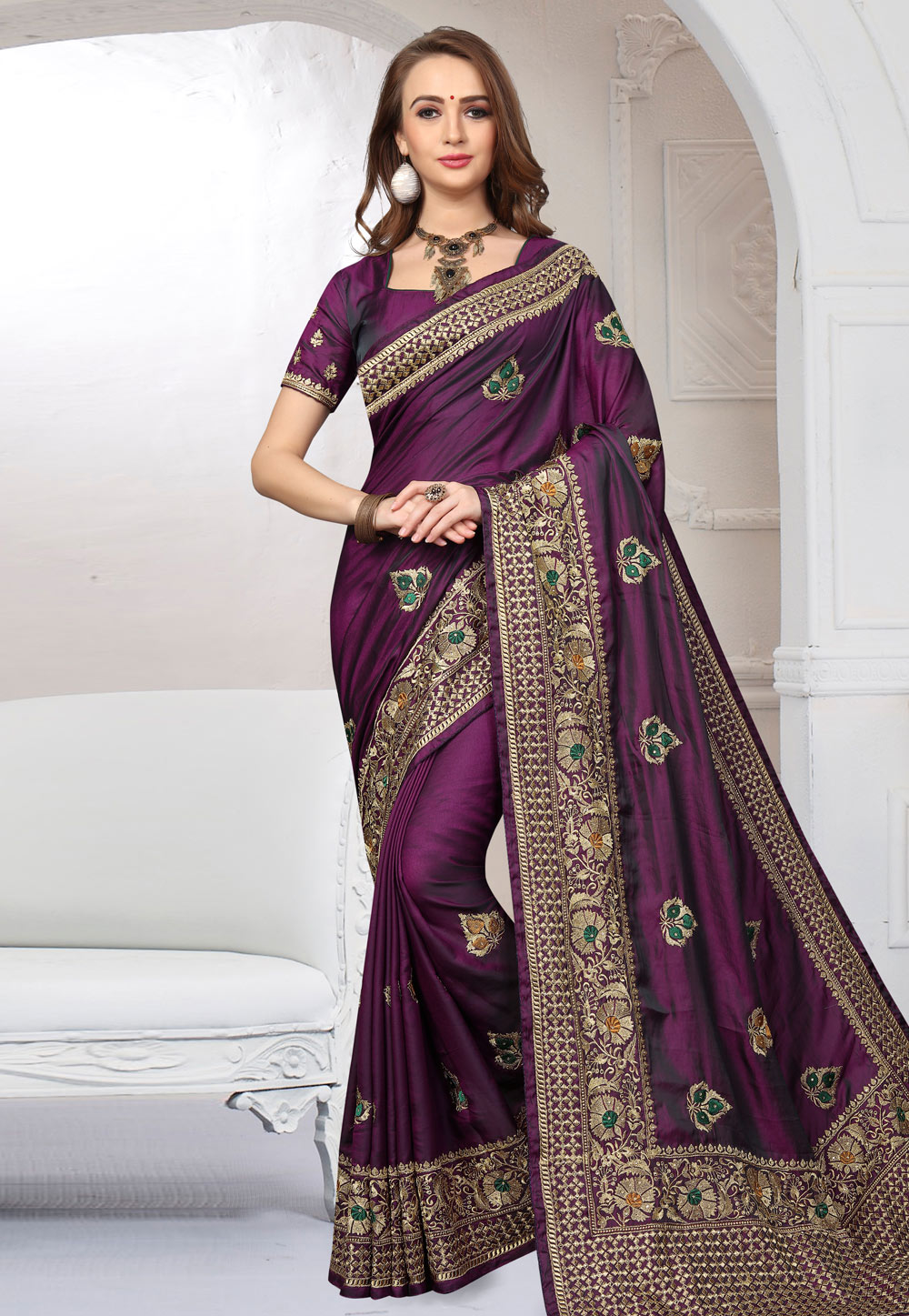 Purple Silk Embroidered Festival Wear Saree 166359