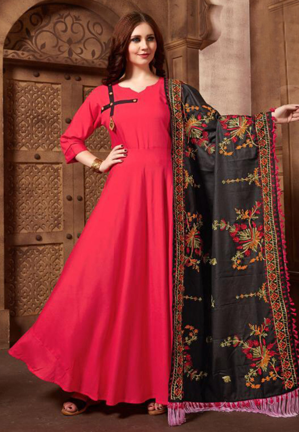 Pink Rayon Readymade Ankle Length Anarkali Suit 213053