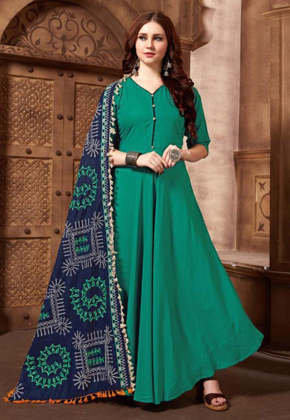 Green Rayon Readymade Abaya Style Anarkali Suit 213054