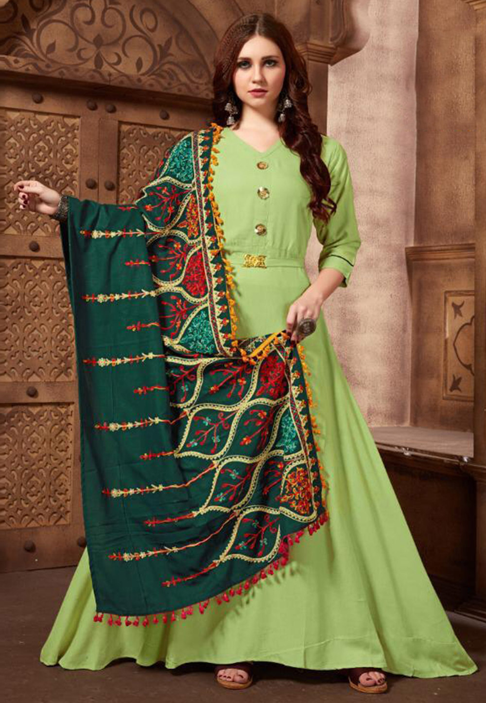 Green Rayon Readymade Ankle Length Anarkali Suit 213056