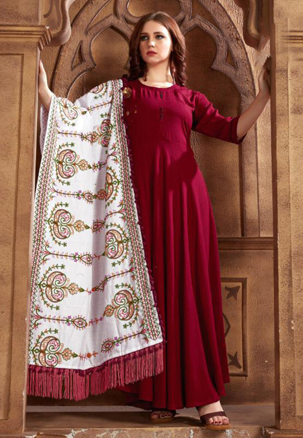 Maroon Rayon Readymade Ankle Length Anarkali Suit 213057
