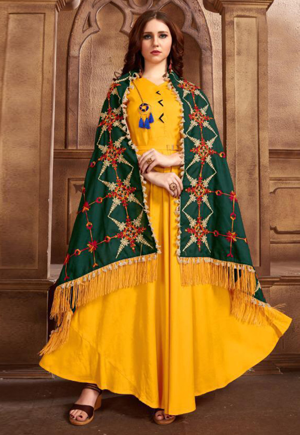 Yellow Rayon Readymade Abaya Style Anarkali Suit 213058