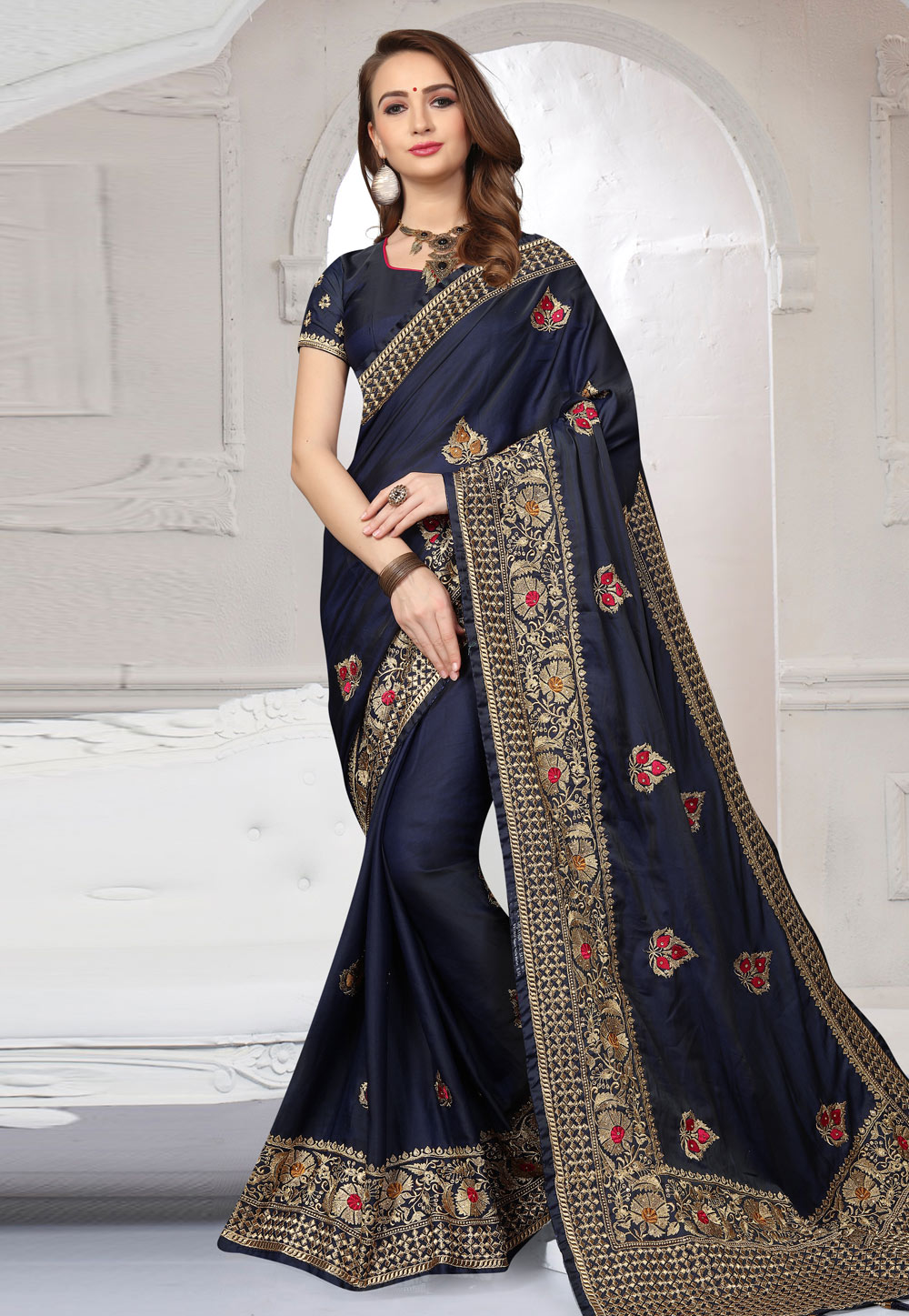 Navy Blue Silk Embroidered Saree With Blouse 166360