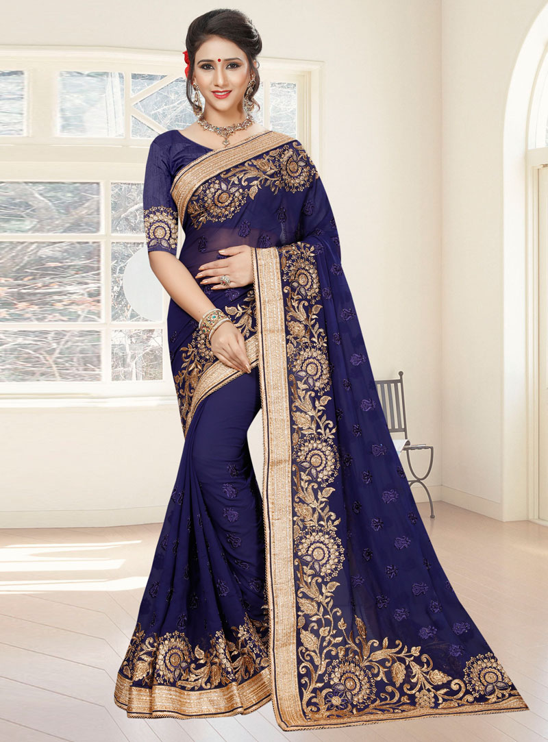 Navy Blue Georgette Saree With Blouse 128861