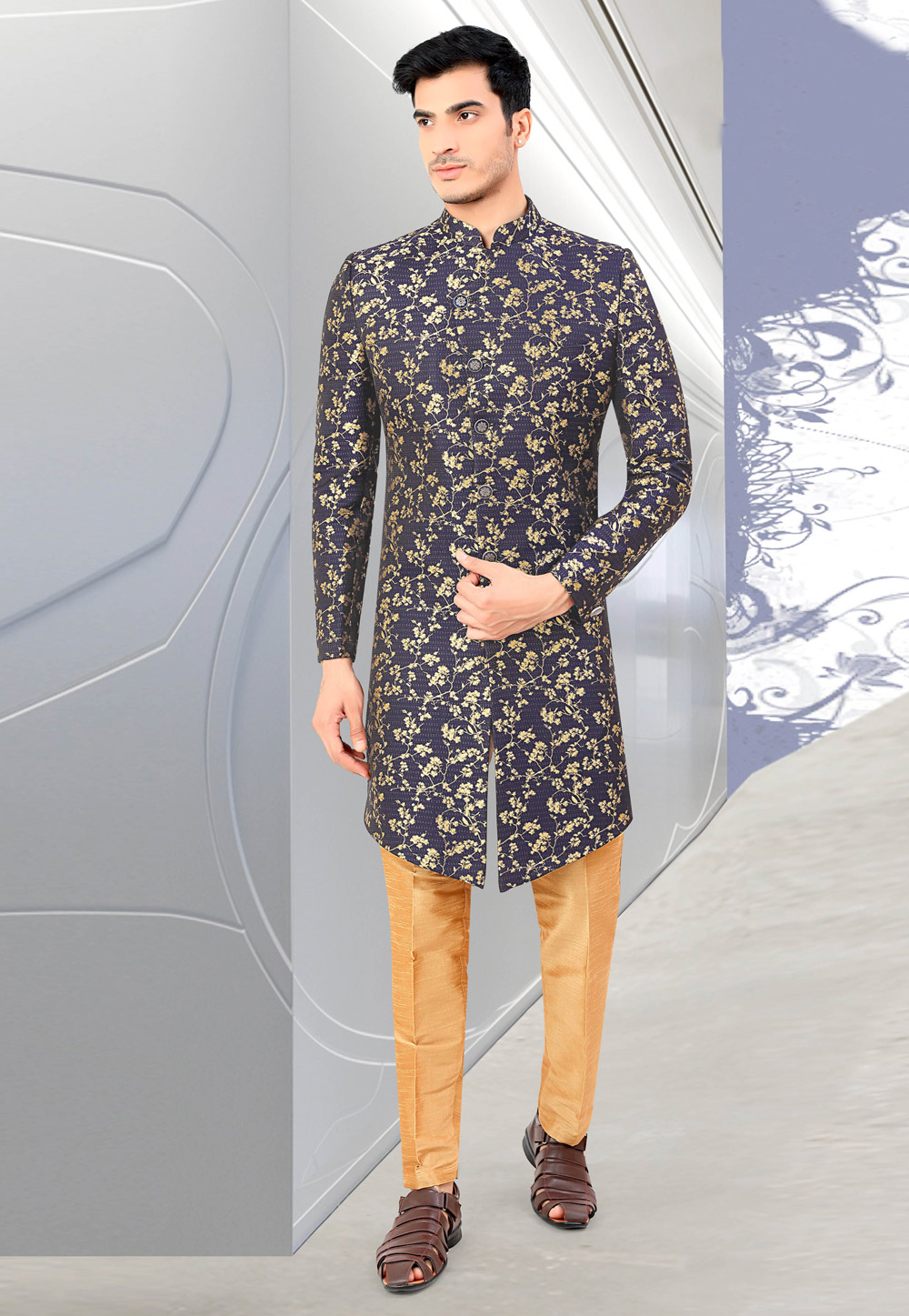 Navy Blue Jacquard Indo Western Sherwani 262592
