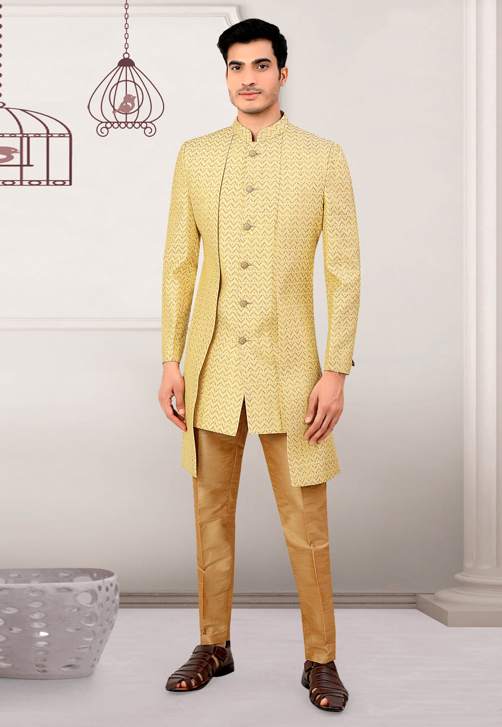 Yellow Jacquard Jacket Style Sherwani 262594