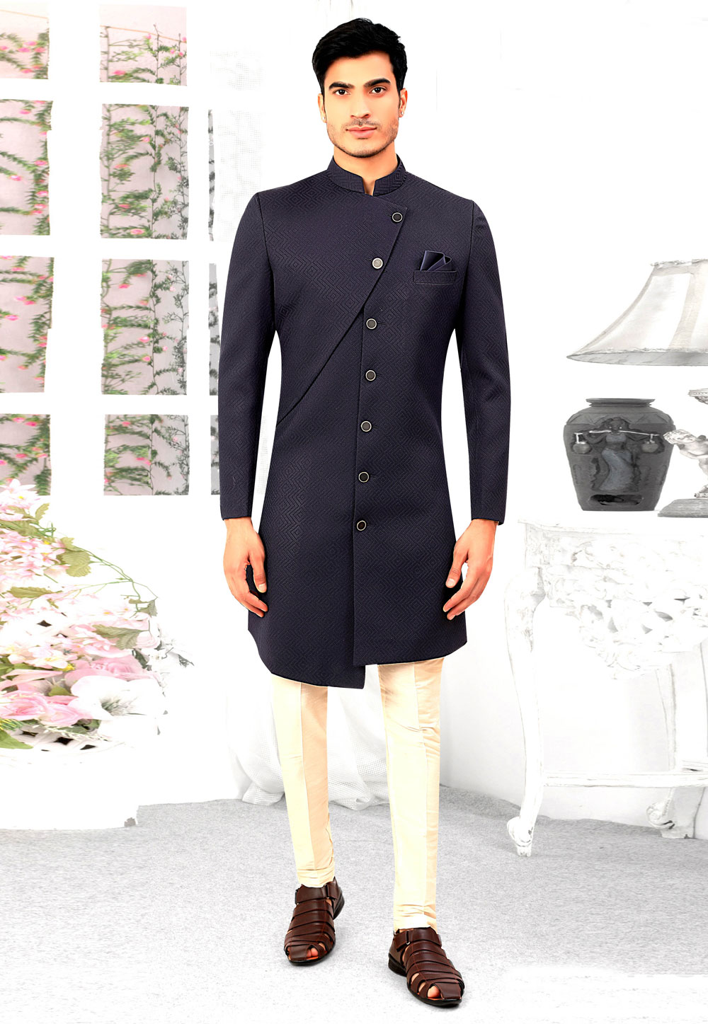 Navy Blue Jacquard Indo Western Sherwani 262595