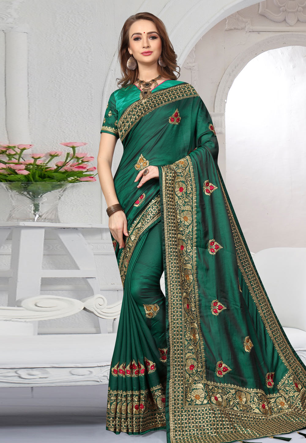 Green Silk Embroidered Festival Wear Saree 166361
