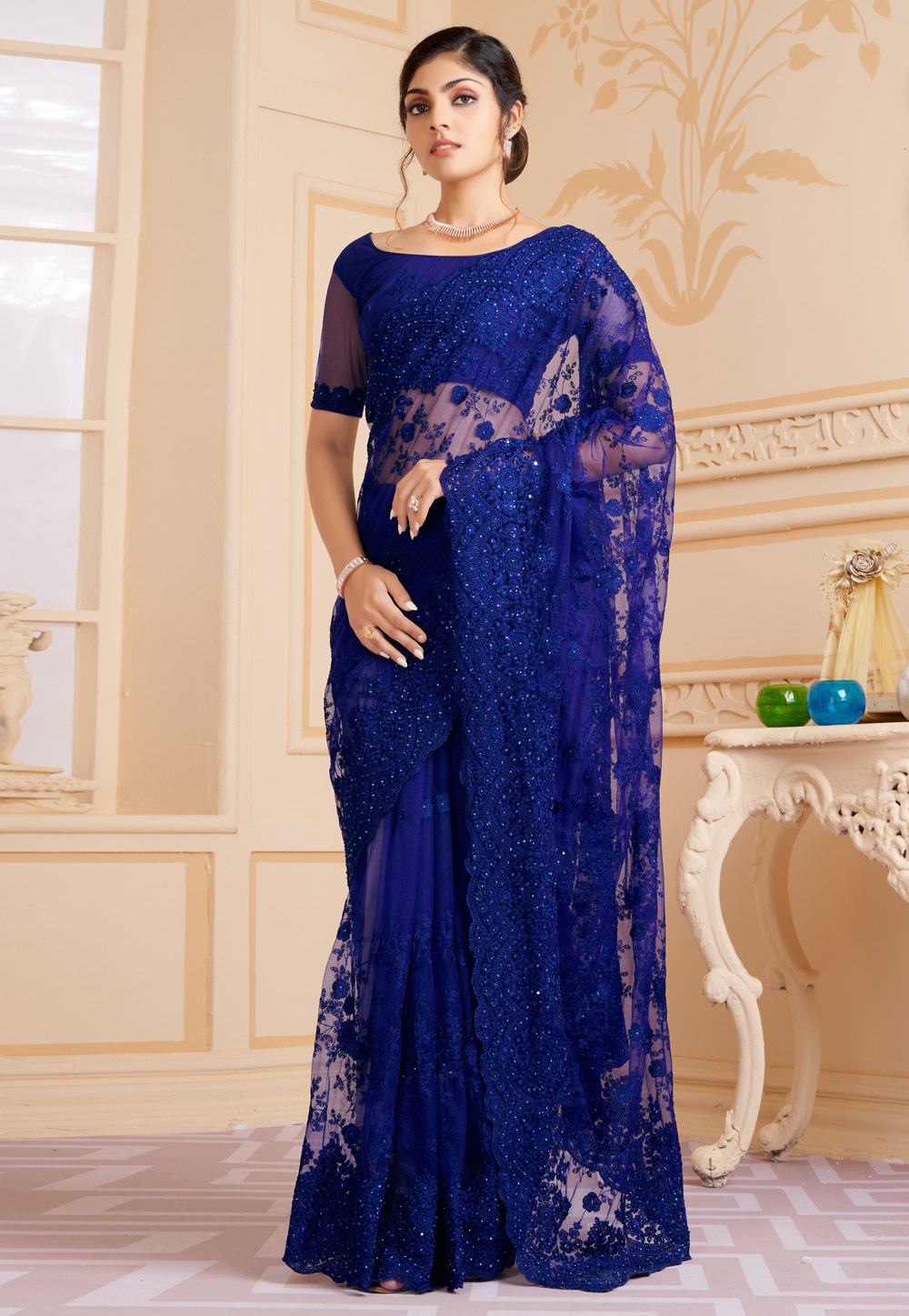 Blue Net Saree With Blouse 256373