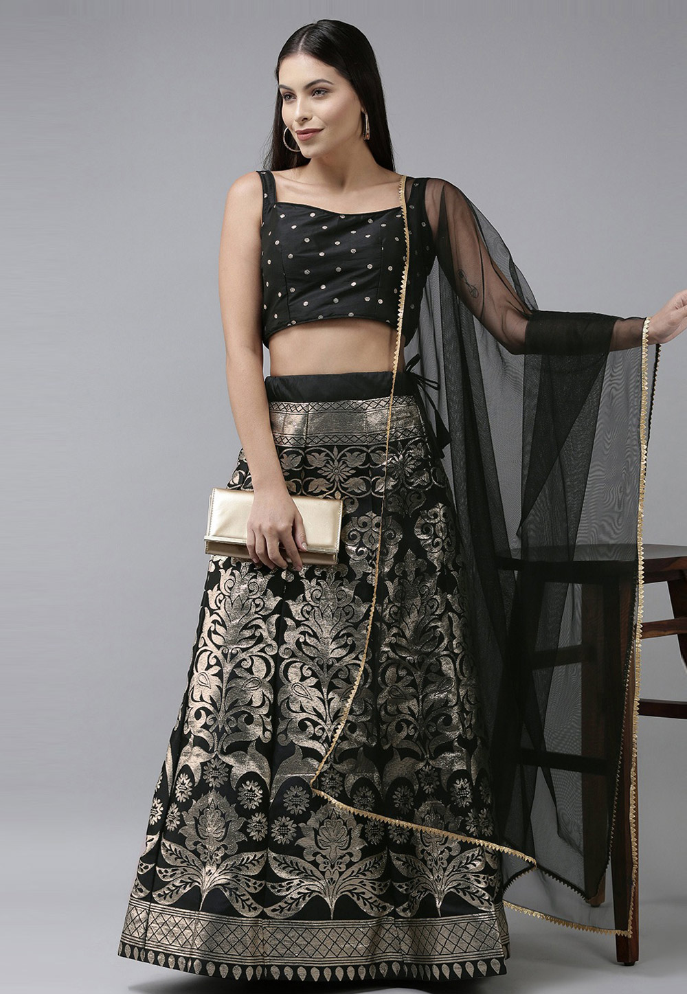 Black Banarasi Silk A Line Lehenga Choli 269937