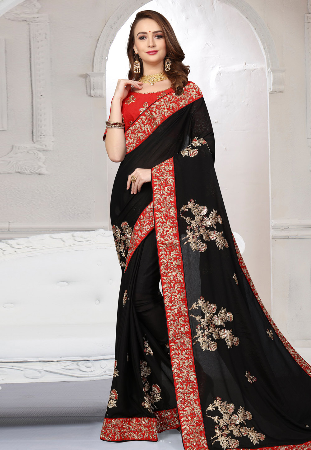 Black Satin Embroidered Saree With Blouse 166363