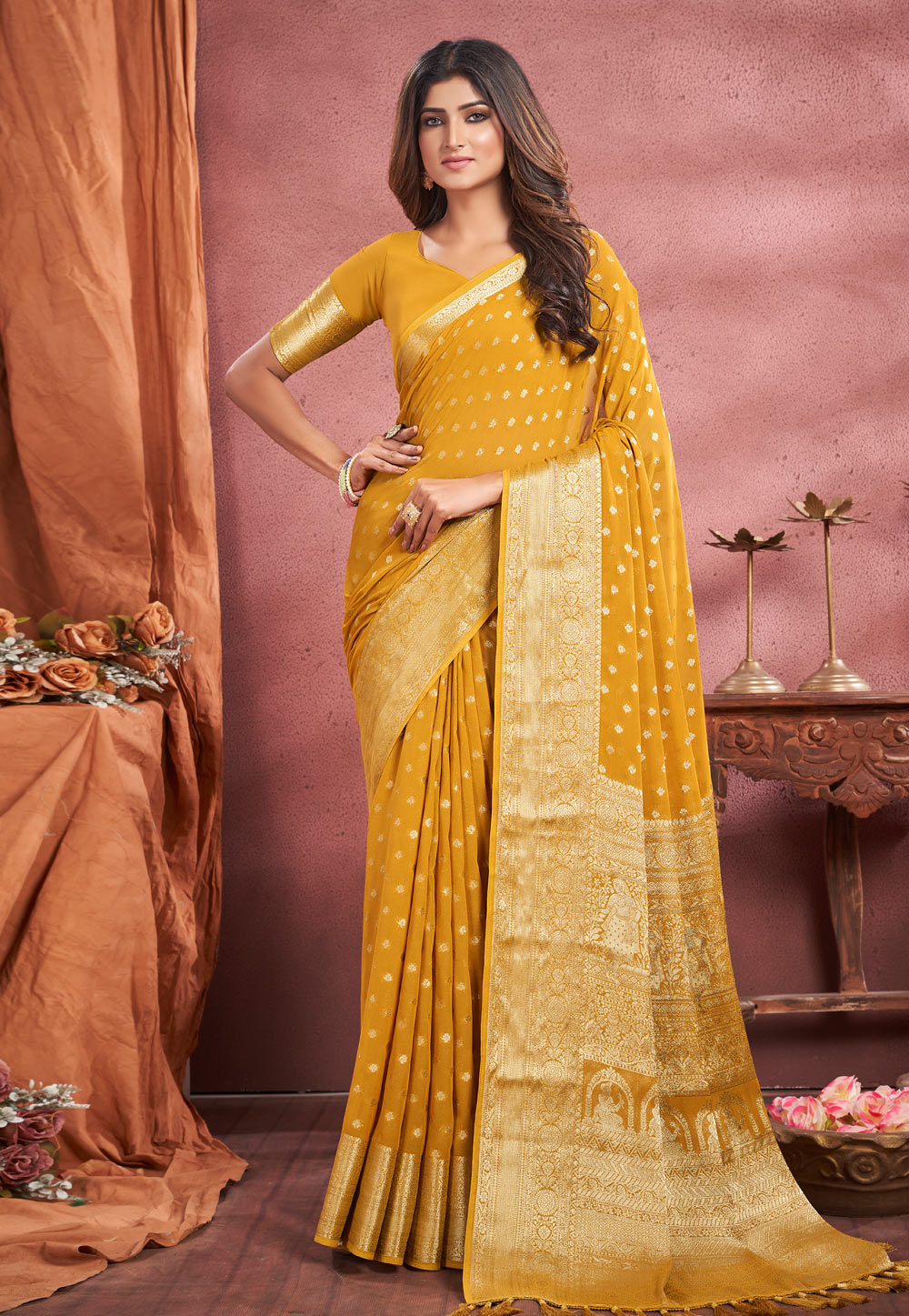 Mustard Georgette Saree With Blouse 276257