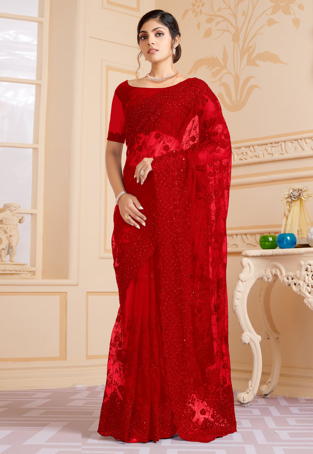 Red Net Saree With Blouse 256375