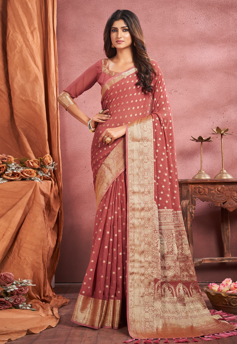 Peach Georgette Saree With Blouse 276258