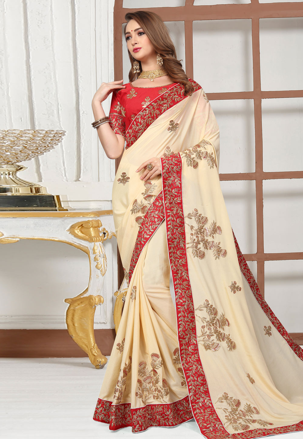 Cream Satin Embroidered Saree With Blouse 166365