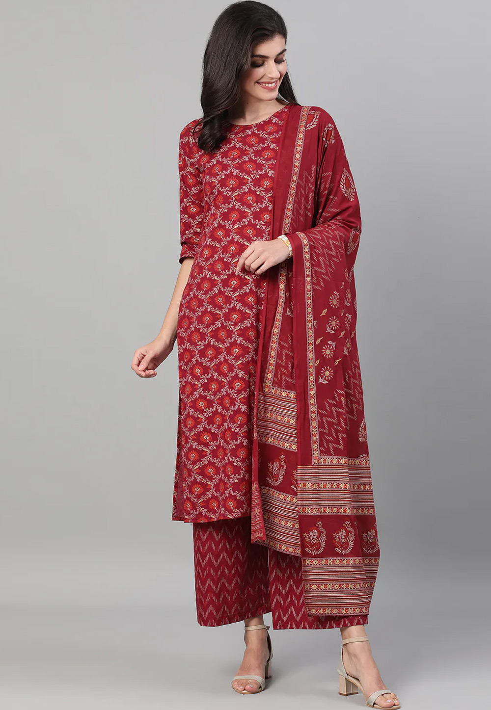 Maroon Cotton Readymade Palazzo Suit 262805