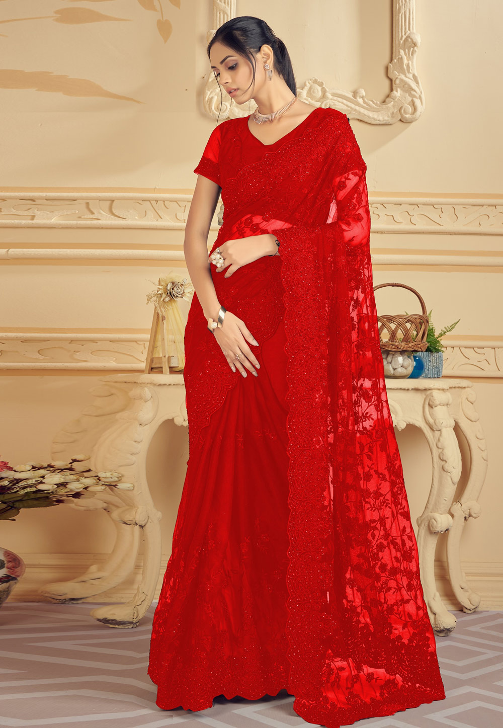 Red Net Saree With Blouse 256378