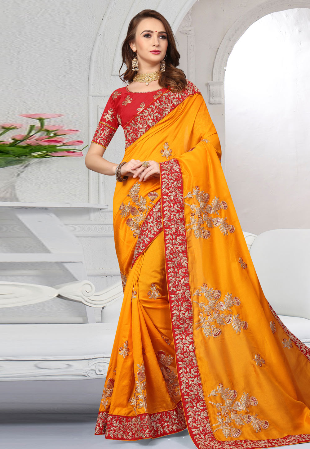 Yellow Satin Embroidered Saree With Blouse 166367