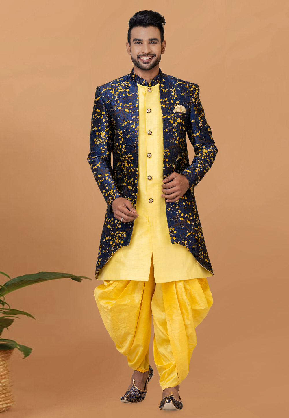 Yellow Jacquard Silk Dhoti Sherwani 273095