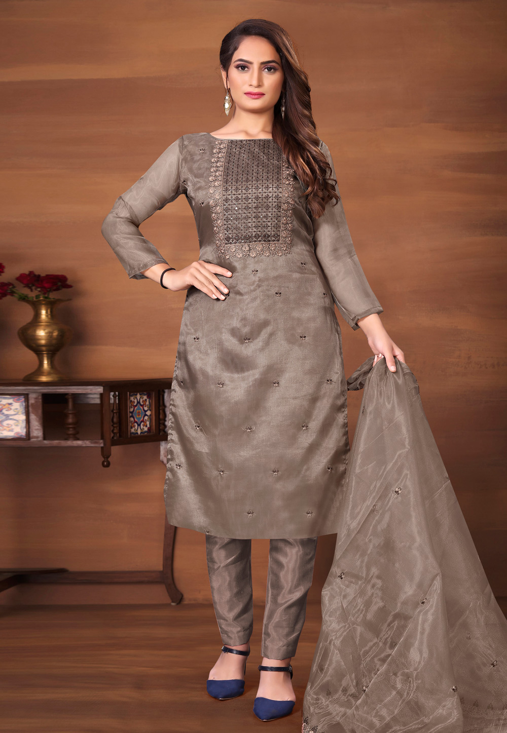 Brown Organza Pant Style Suit 265684