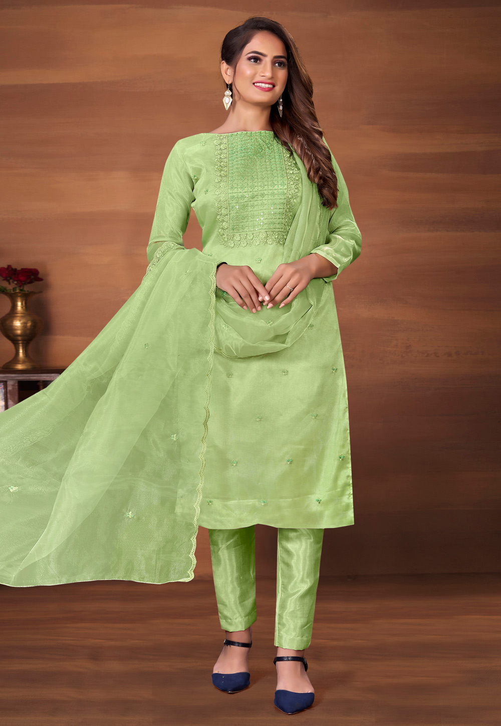 Pista Green Organza Pant Style Suit 265686