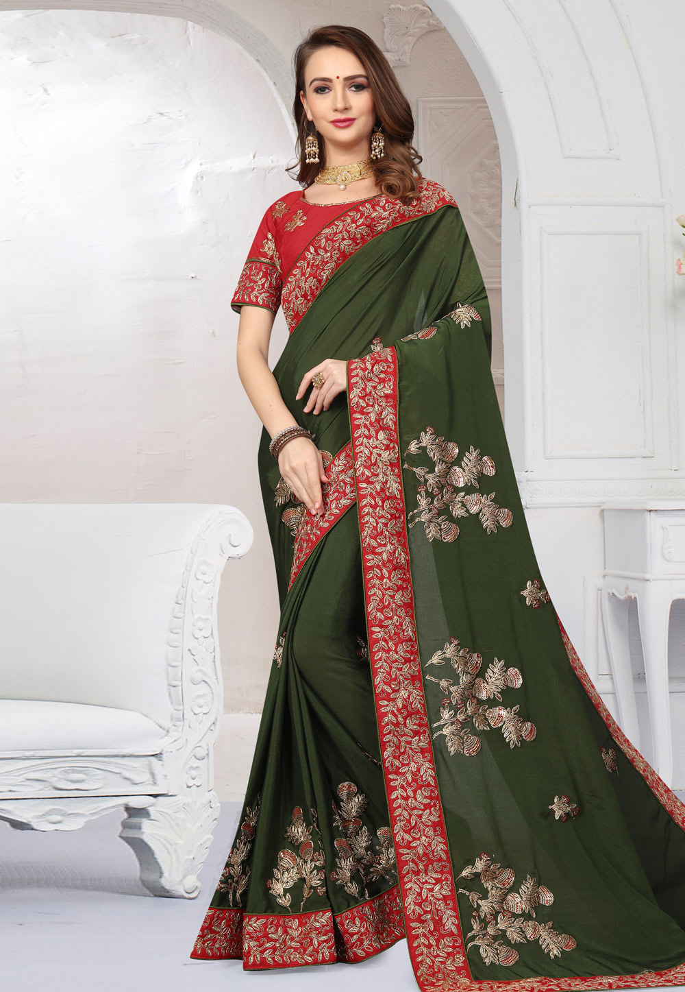 Green Satin Embroidered Festival Wear Saree 166368