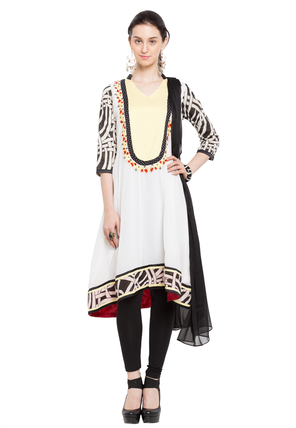 Off White Faux Georgette Readymade Churidar Suit 230371