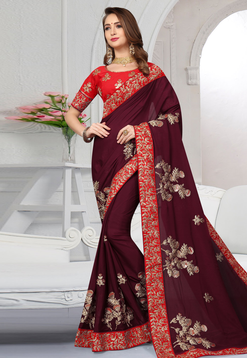 Purple Satin Embroidered Saree With Blouse 166369