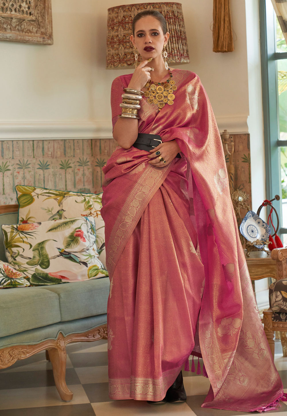 Pink Satin Saree With Blouse 263742