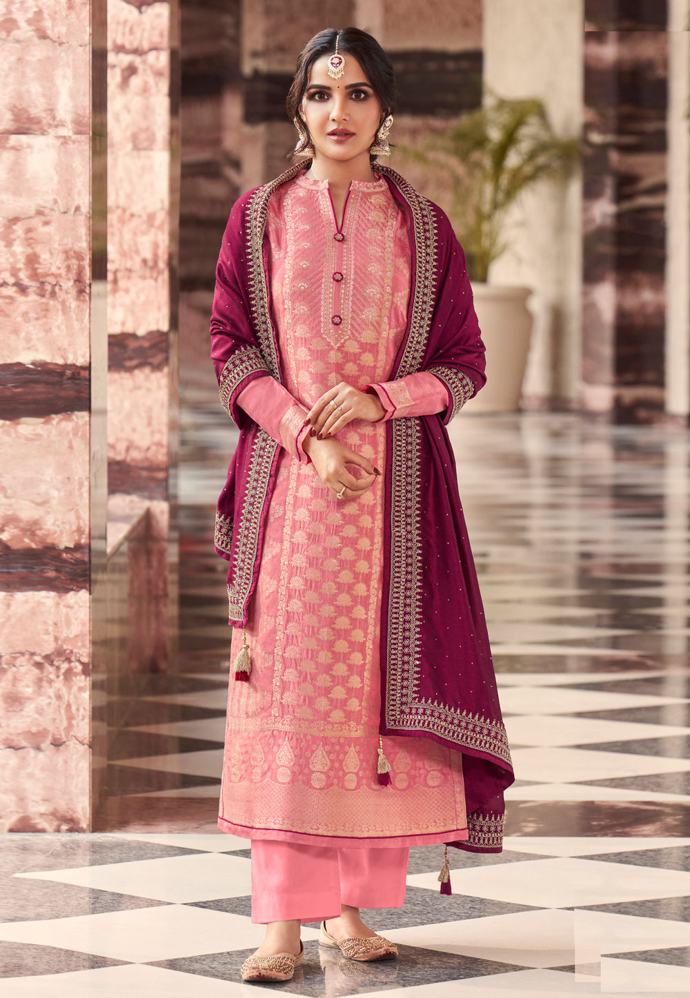 Pink Silk Jacquard Pakistani Palazzo Suit 247499