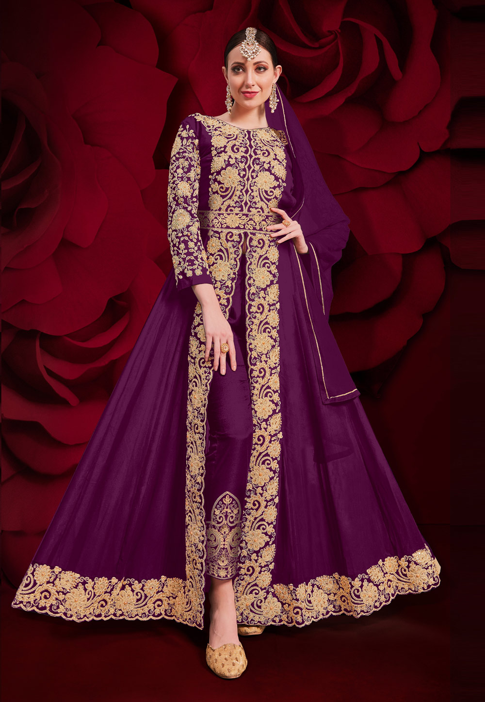 Magenta Georgette Embroidered Pant Style Suit 222573