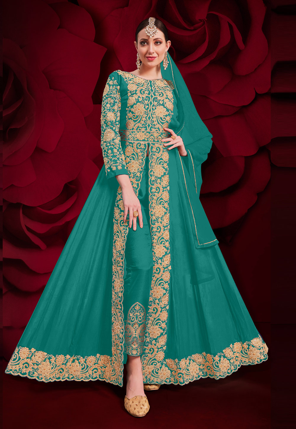 Turquoise Georgette Pant Style Suit 222575