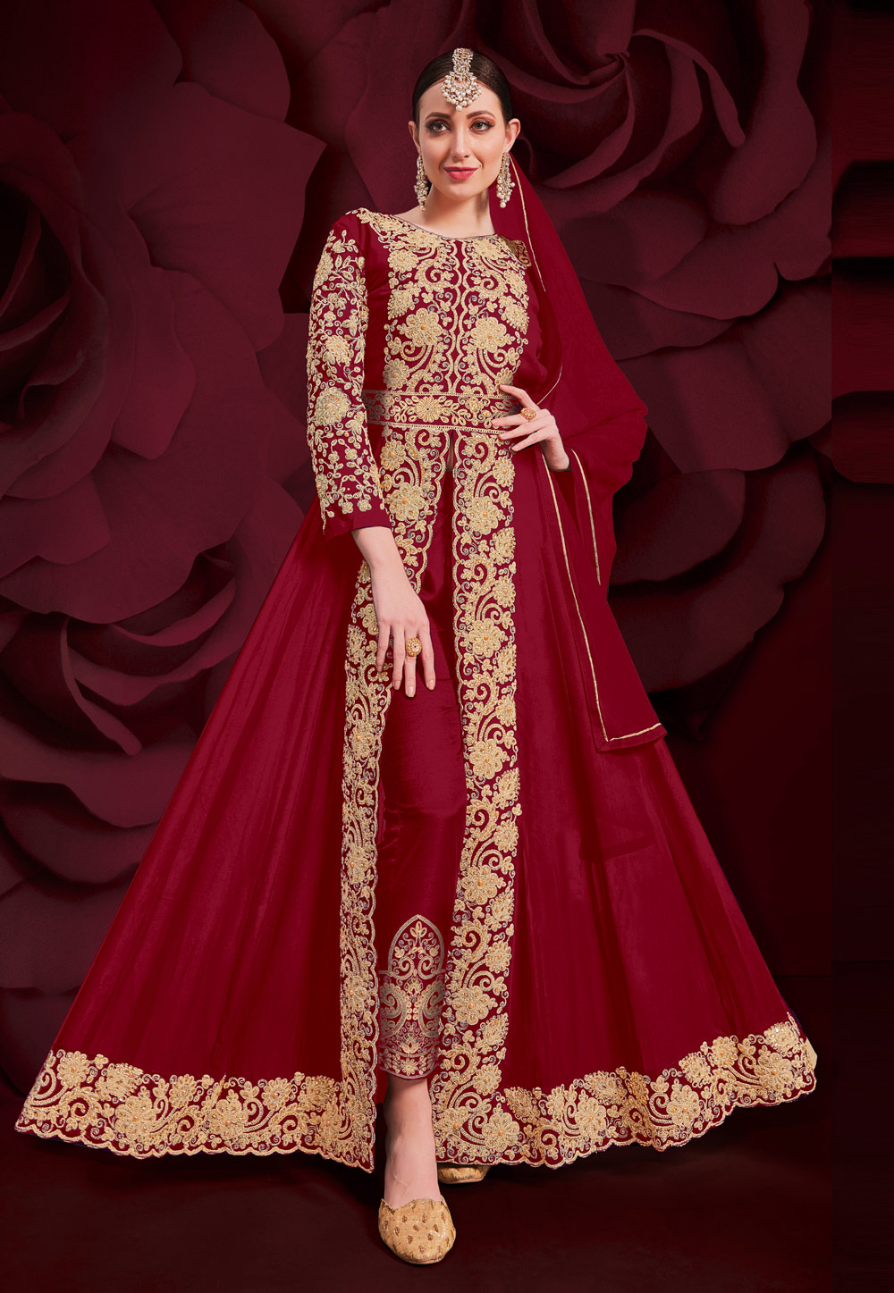 Red Georgette Embroidered Pant Style Suit 222576