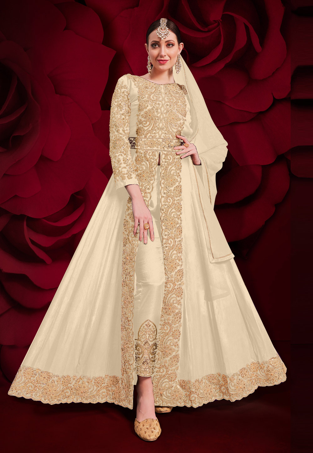 Cream Georgette Pant Style Suit 222578