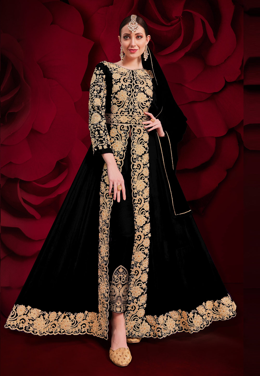 Black Georgette Embroidered Pant Style Suit 222579